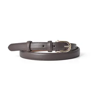 Women's brown genuine leather belt featuring golden D-shaped buckle, main display view.