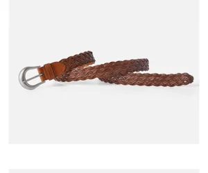 Retro handmade woven women leather belt with pin buckle, versatile for casual jeans and skirts.