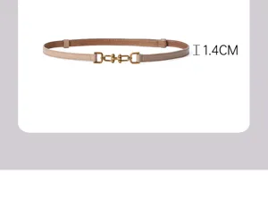 Thin leather belt detail showing 1.4cm width and delicate metal buckle craftsmanship.
