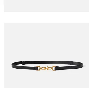 Black leather belt for women, elegant gold geometric buckle, versatile suit waist accessory.