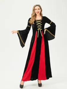 Medieval Renaissance gothic witch costume dress long sleeve retro black red party cosplay gown