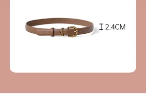 Women's slim crocodile pattern leather belt detail view, elegant pin buckle, 2.4cm width.