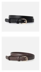 Minimalist women's leather belt detail, thin metal buckle design, versatile everyday accessory.