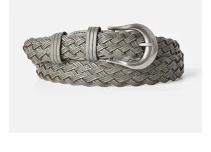 Grey braided leather belt for women with silver pin buckle, retro casual belt for jeans pants.