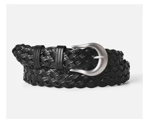 Detailed view of a classic black woven leather belt with a sleek silver pin buckle for daily wear.