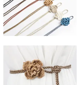 Woven waist chain for women dress, handmade crochet flower belt accessory stylish design.