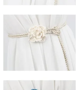 Elegant braided waist chain for women featuring a delicate crochet flower design. Perfect dress accessory.