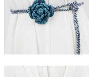 Woven rope waist belt with handmade crochet flower for women stylish dress accessory