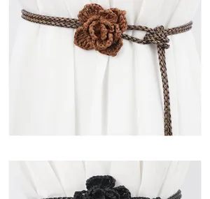 Women woven braided waist belt with crochet flower, perfect decorative accessory for dress.