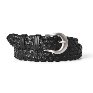 Black braided leather belt for women with silver pin buckle rolled up on white background