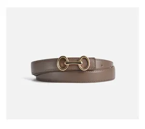 Dettaglio cintura in pelle con elegante fibbia morso di cavallo dorata su cinturino marrone.