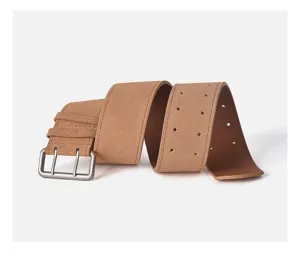 Women's suede leather belt detail, stylish double prong buckle accessory for jeans and wear.