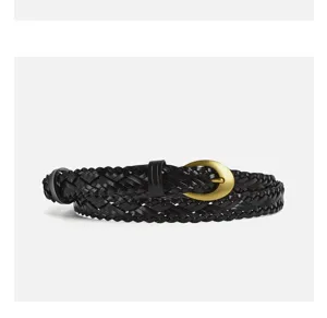 Cintura intrecciata in pelle nera con fibbia ovale dorata, accessorio abito vintage.