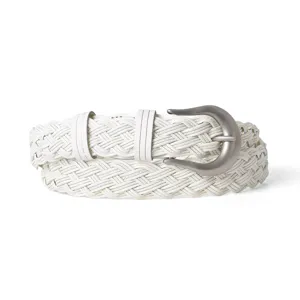 White woven women belt with retro metal buckle stylish casual leather belt for jeans and skirts