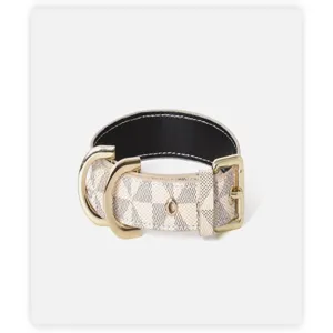 Vue détaillée d'un collier pour animal élégant avec motif à carreaux classique et doré.