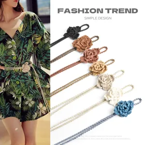 Women Woven Waist Belt Floral Handcrafted PU Leather Waist Chain Adjustable Dress Accessory Fashion Waistband