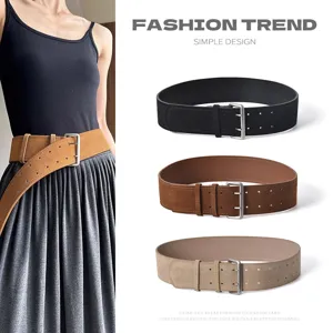 Women's Fashion Genuine Leather Belt Wide Casual Waistband With Double Pin Buckle Metal Eyelets For Jeans Pants
