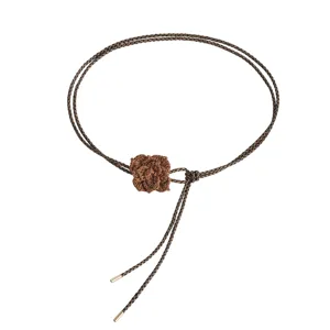 Brown braided waist chain with handmade crochet flower and metal tips for women dresses.