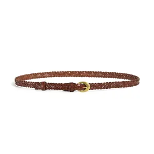 Cintura sottile intrecciata in pelle marrone da donna con fibbia in metallo retrò chic