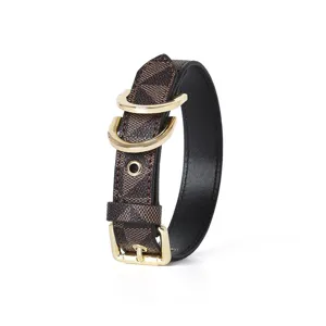Collier de chien de luxe avec monogramme et boucles en metal dore, chaton et chiot.