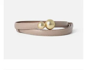 Slim genuine leather women belt with golden double ball metal buckle elegant waist accessory
