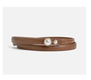 Brown thin leather belt detail with elegant double pearl buckle for women dresses.
