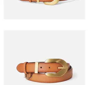 Brown leather belt detail showing gold buckle and fine stitching for women trousers.