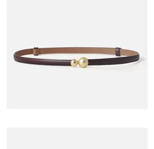Genuine leather women belt with golden double ball buckle, slim design for dress pants.