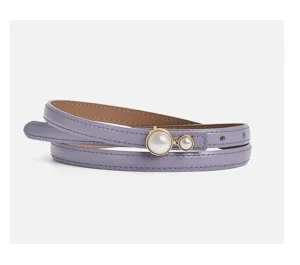 Women thin leather belt elegant purple waist strap with pearl buckle dress accessories