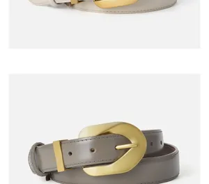 Detailed view of the stylish women's leather belt featuring a matte gold buckle and clean finish.