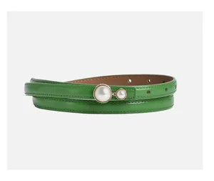 Women genuine leather thin belt with pearl buckle minimalist waist strap for women dress