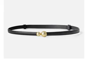 Black leather waist belt detail showing unique gold asymmetric double sphere buckle.