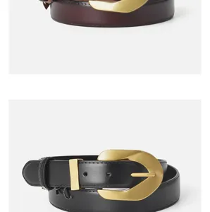 Genuine leather belt for women, retro metal buckle waist strap, stylish fashion accessory detail.