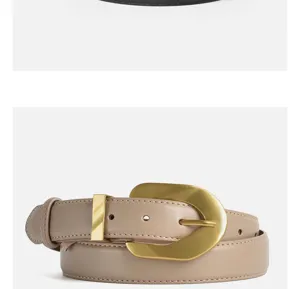 Detail shot of retro style women leather belt with brass buckle for daily outfit.