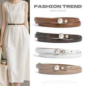 Women Genuine Leather Skinny Belt Dress Waist Decorative Pearl Buckle Versatile Casual Fashion Waistband