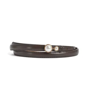 Women's slim leather belt featuring elegant double pearl buckle, chic dress waist accessory.