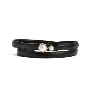 Women thin black leather belt with elegant double pearl metal buckle stylish dress waist strap