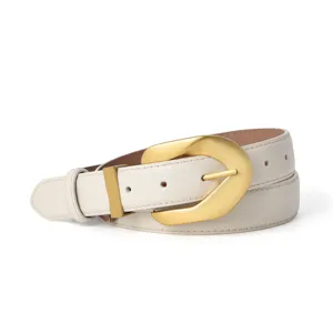 Women's vintage genuine leather belt with matte gold curved buckle minimalist white strap
