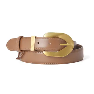 Women brown leather belt with retro matte gold buckle casual waist strap for dress