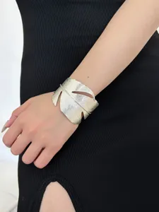 Silver leaf open cuff bracelet statement metal jewelry for women party fashion accessory