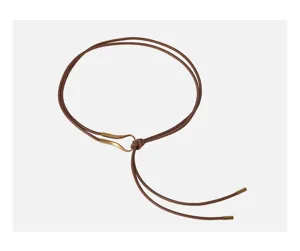 Detailed view of women's brown PU leather rope belt with metallic ring and golden ends loop style.