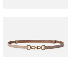 Elegant women's thin leather belt with vintage metal buckle, versatile waist accessory.