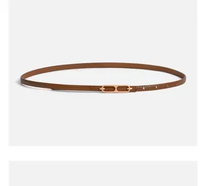 Women brown thin leather belt with gold metal buckle for dresses suits casual wear chic