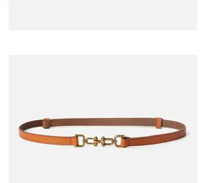 Women genuine leather thin belt with vintage metal buckle stylish waist accessory for coat