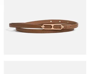 Slim brown leather dress belt with elegant metal buckle detail for women's outfits.