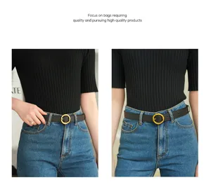 Dames casual echt lederen riem met metalen ronde gesp retro stijlvolle zwarte taille riem.