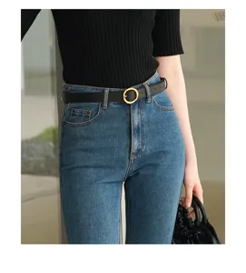 Dames minimalistische echt lederen riem met gouden ronde gesp casual mode dagelijks