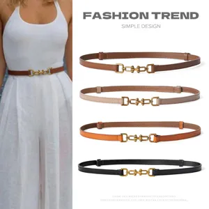 Women's Genuine Leather Skinny Belt Minimalist Dress Waist Belt With Alloy Buckle For Ladies Casual Suit Coat Pants