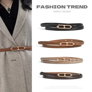 Women Genuine Leather Thin Dress Belt Minimalist Metal Buckle Adjustable Waist Belt For Ladies Suit Skirt Accessories