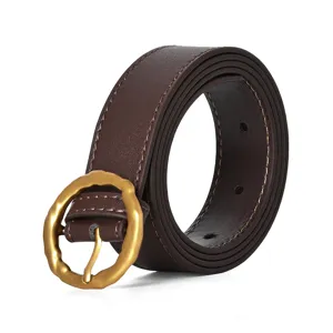 Dames echt lederen riem met retro onregelmatige ronde messing gesp, eenvoudig en veelzijdig.